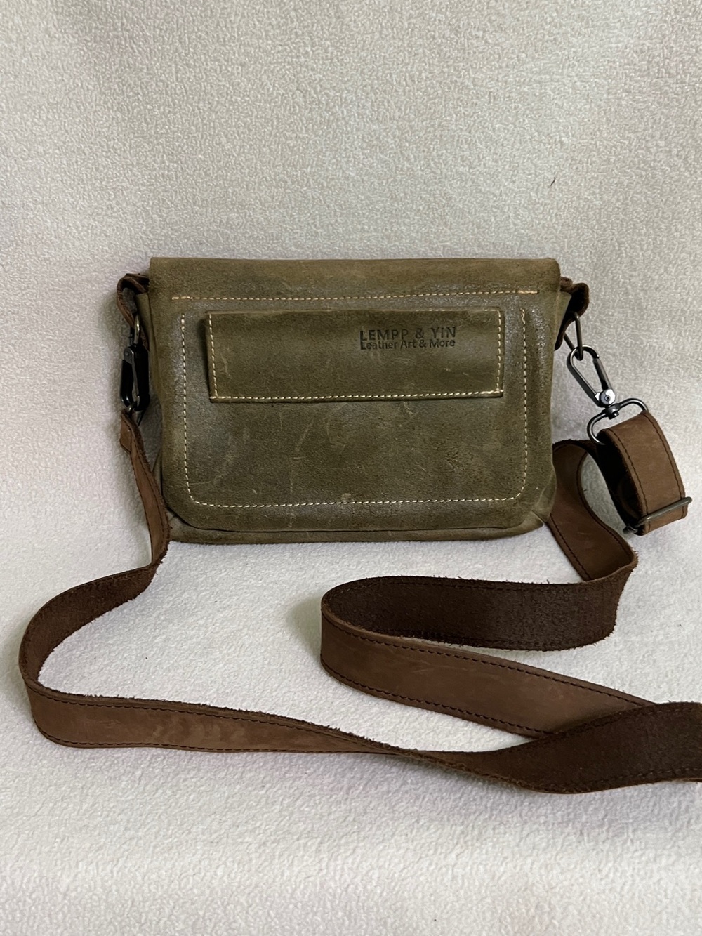 Lempp and Yin Olive Green Distressed Leather Crossbody Bag Handmade Purse - Picture 9 of 14